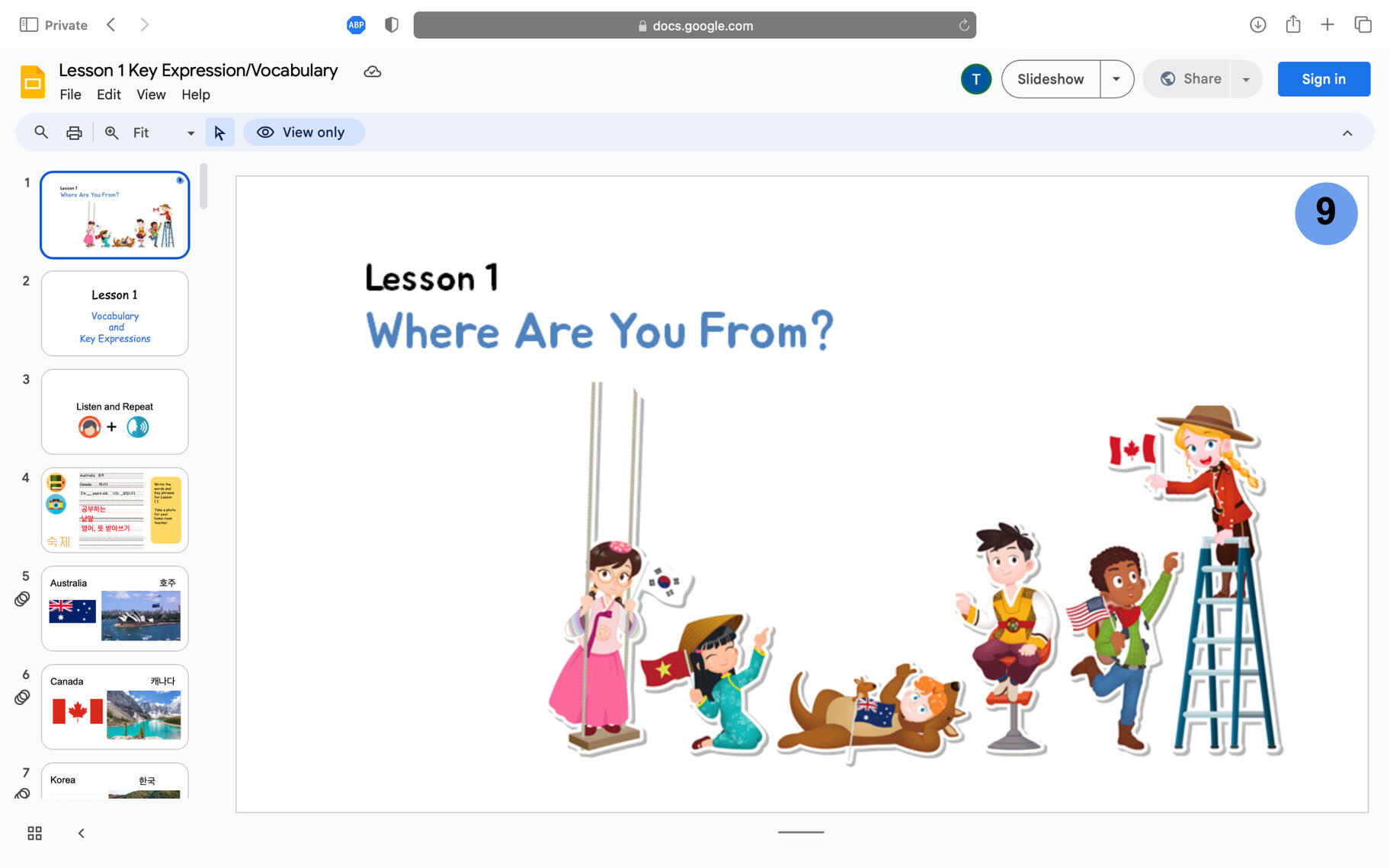 A screenshot of Lesson 1 on Google Slides.